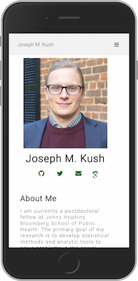 A picture of a cell phone with the background of Joseph M. Kush's website
